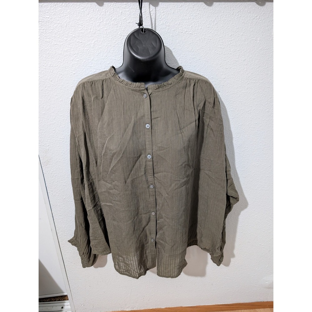 LOFT Olive Green Blouse Boho Peasant Dolman Sleeve Ruffle Shirt Button Front NWT